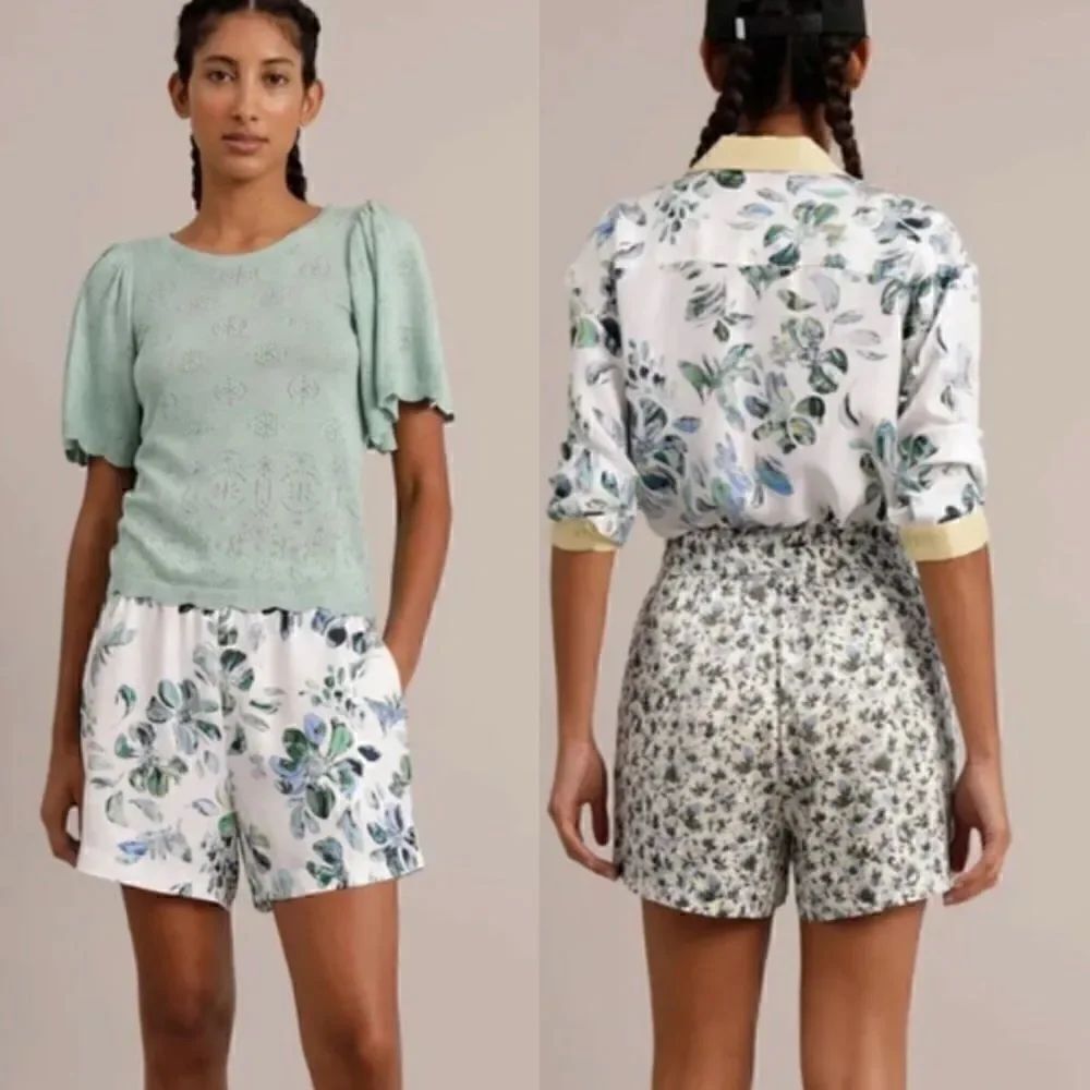 MUNTHE Uniga Floral Silk Blend Drawstring Shorts in Blue size 2 NWT